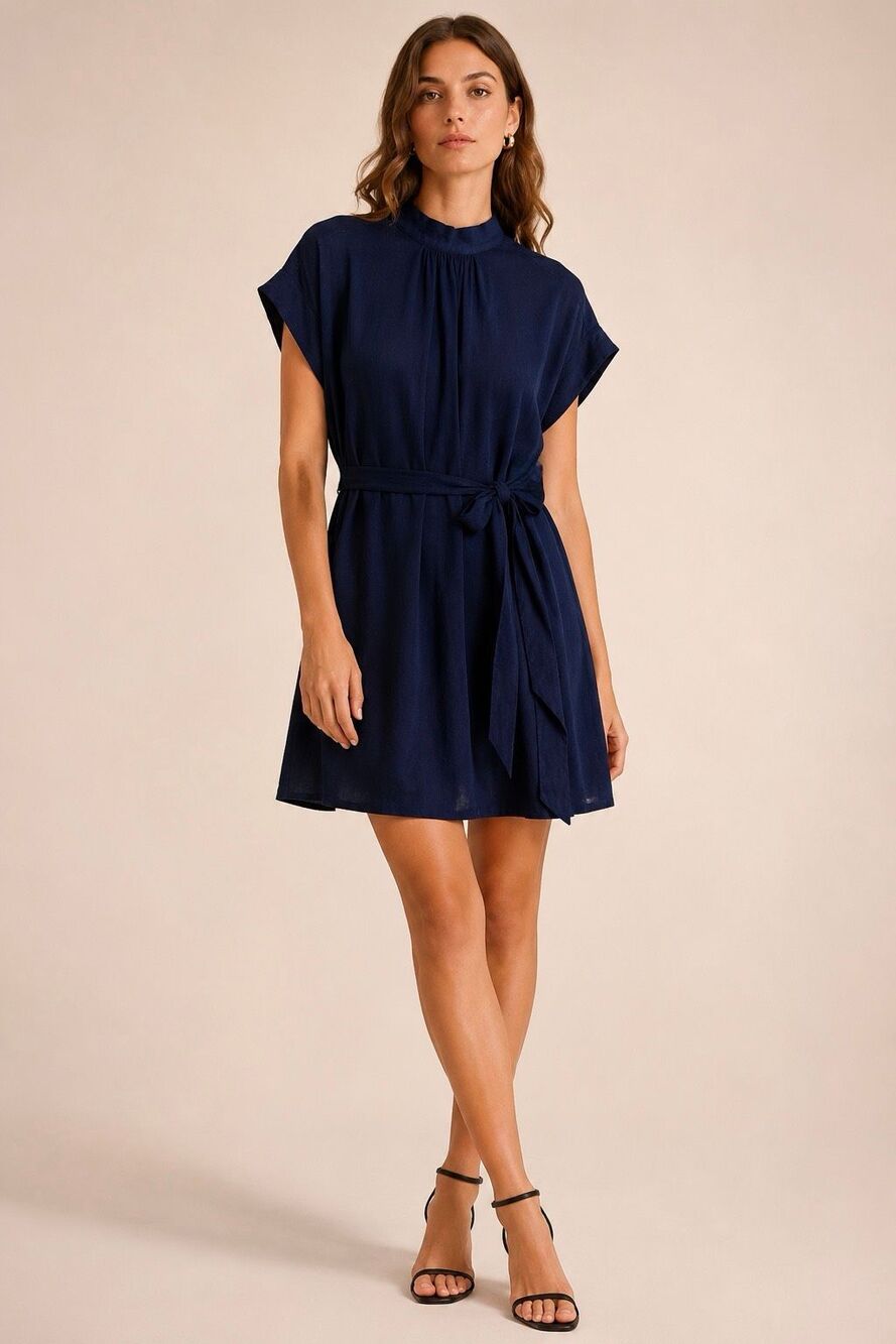 FRANCISCO CANCINO Blue Linen Dress Size XS High Neck Short Sleeves